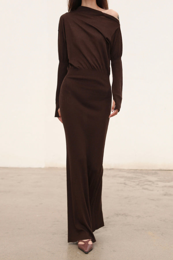 OUDE WAAG 25 Fall/Winter Asymmetrical Neck Wool Knit Dress OW-OW-25AW-KD05W1BR440-KF Coffee